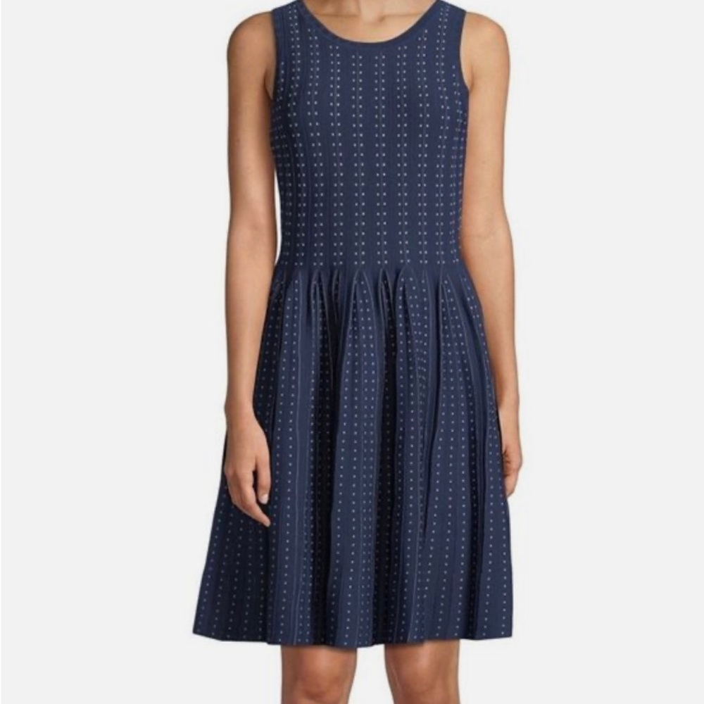Milly Navy Pleated Dot Flare Dress